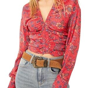 Free People Red Floral Crop Blouse